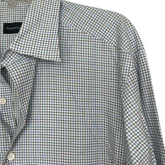 Ermenegildo Zegna White/Blue Multi Long Sleeve Gingham Check Button Front Shirt - Picture 5 of 10